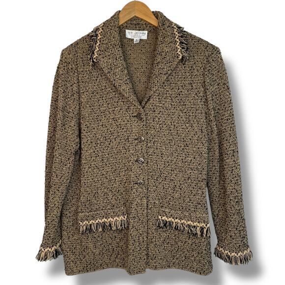 St John Collection Womens Tweed Blazer Jacket Fringe Trim Gold Tan Black Size 16 - Picture 4 of 11